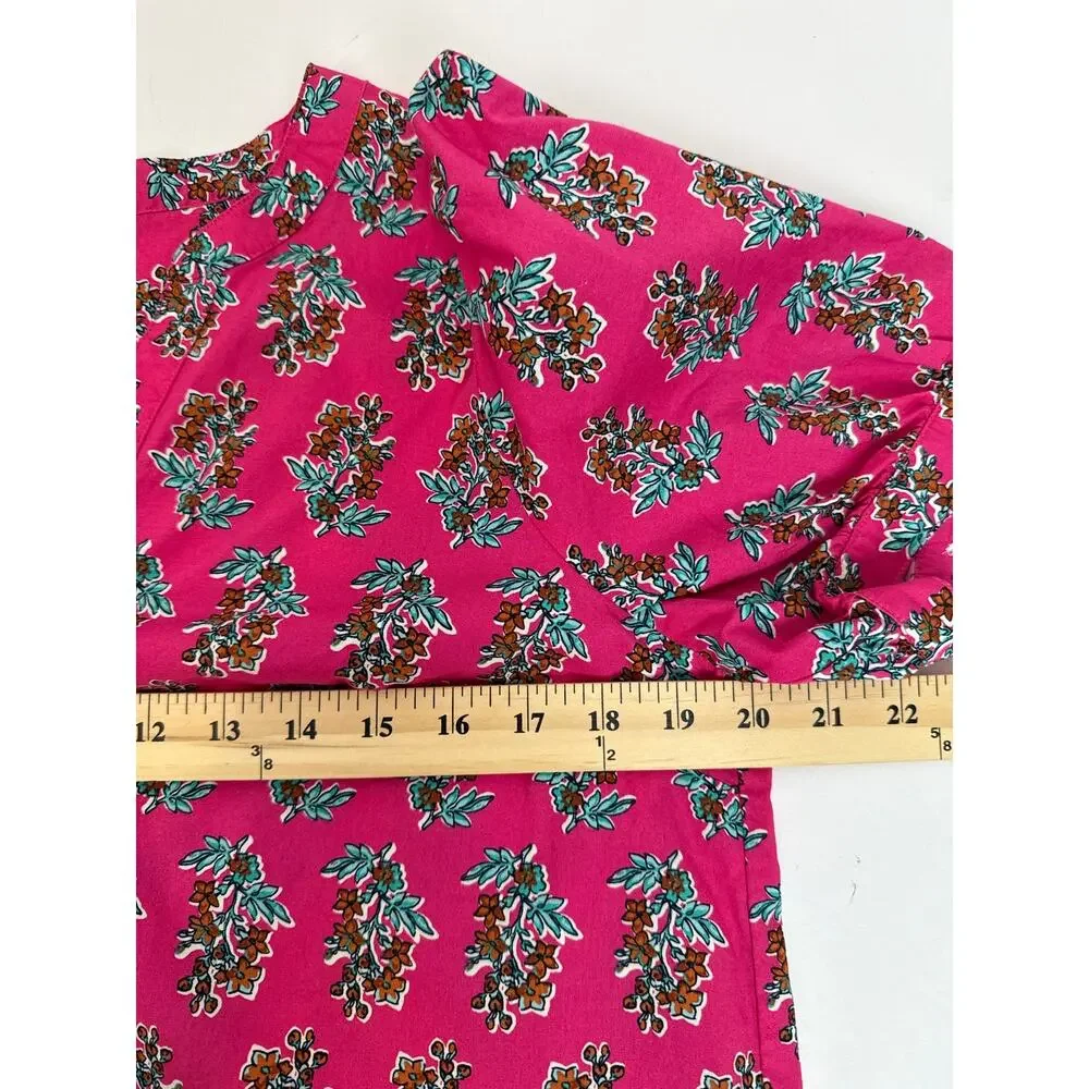 J.Crew Pink Floral Block Print Puff Sleeve Top Sz M Split V Neck Cotton